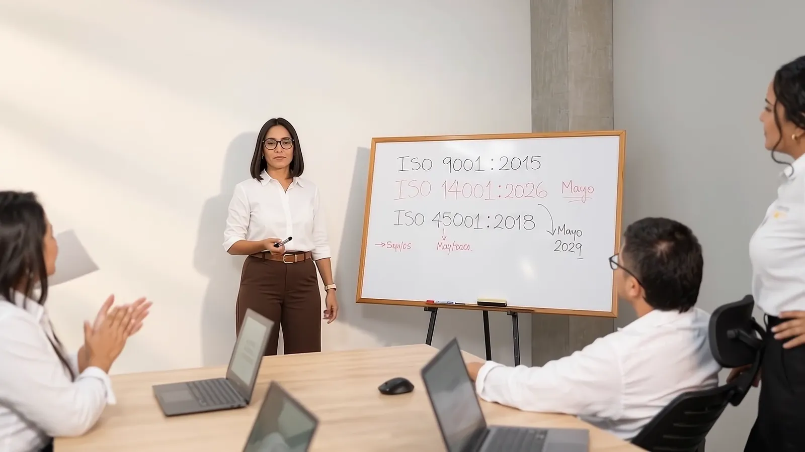 Equipo aplaudiendo al final de una sesión de formación en sistemas de gestión