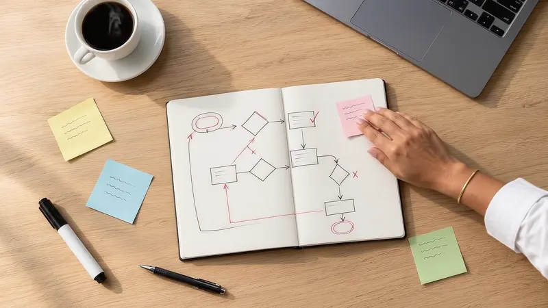 Mano que pega una nota adhesiva en un mapa de procesos dibujado en una libreta