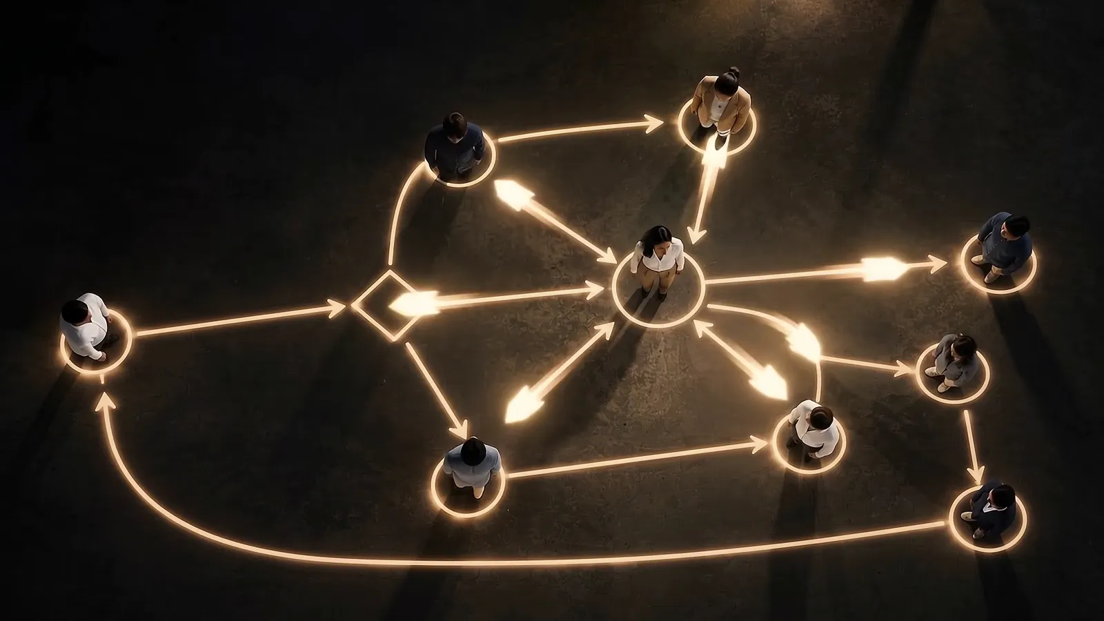 Personas conectadas por líneas de luz sobre el piso, vistas desde arriba, como un mapa de procesos